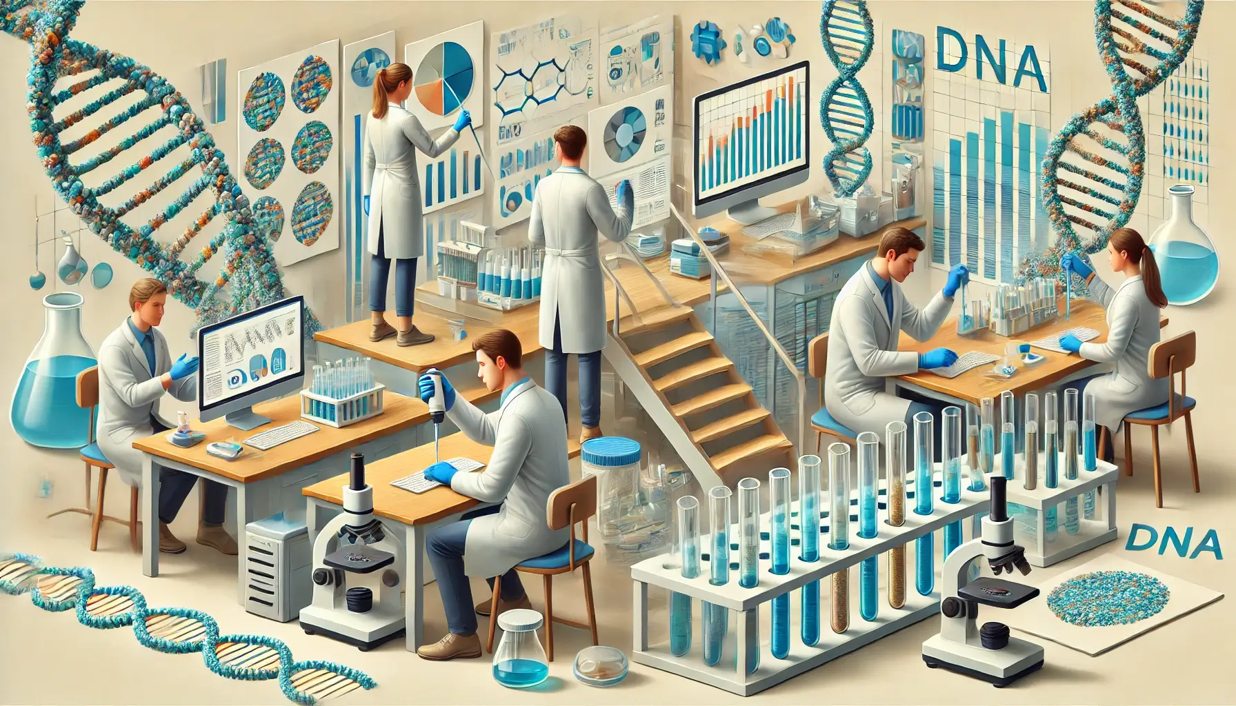 Laboratory technicians analyzing DNA samples using advanced software and precision instruments.